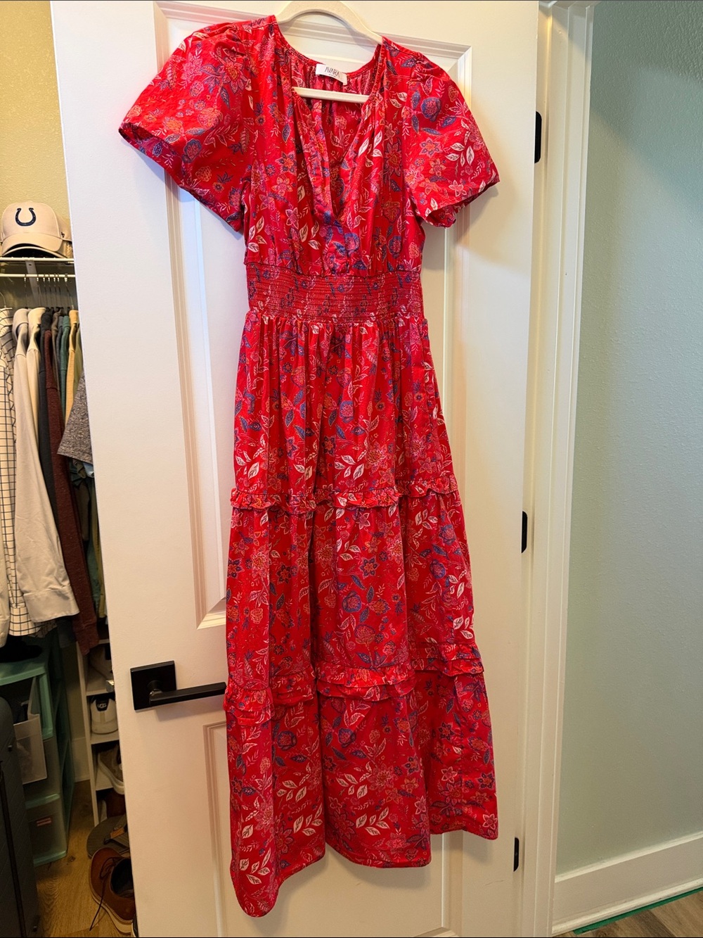 Bright Red Floral Maxi Dress with Smocked Waist